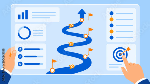 Hands interacting with business roadmap dashboard showing growth path and milestones, concept of strategy planning, progress tracking and goal achievement