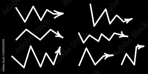 White arrow icons, black dot direction symbol, dotted pointer, zig zag arrow right direction. Vector flat set arrow