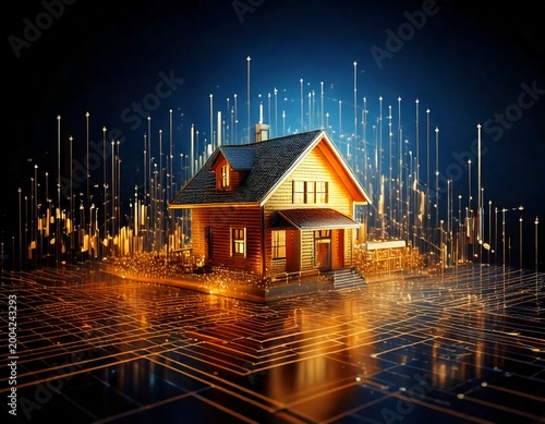 A sleek gold house icon on a dark blue background with glowing interconnected data lines, representing a smart home technology concept.