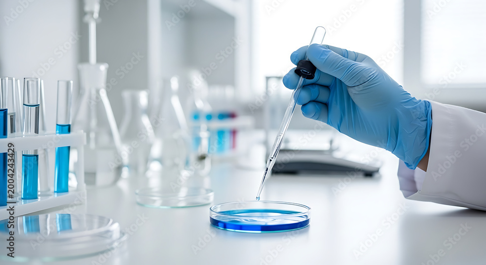 Fototapeta premium Scientist in blue glove using dropper with blue liquid in petri dish during a laboratory experiment