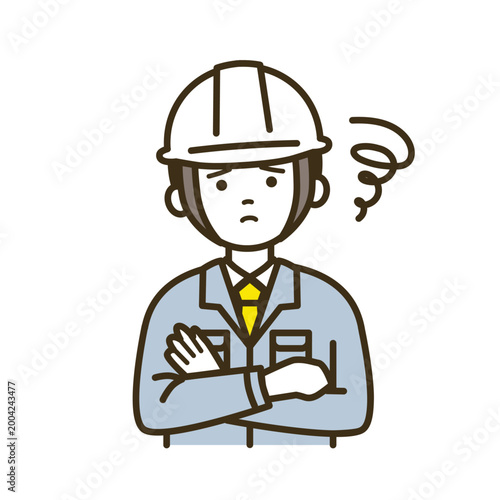 ネクタイと作業服で検討し悩む現場監督の男性イラスト｜白ヘルメット・腕組み・考える