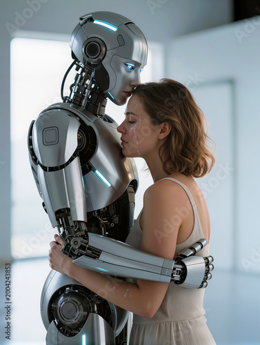 Silver Humanoid Robot Embracing Crying Woman Emotional Comfort Minimal Background 