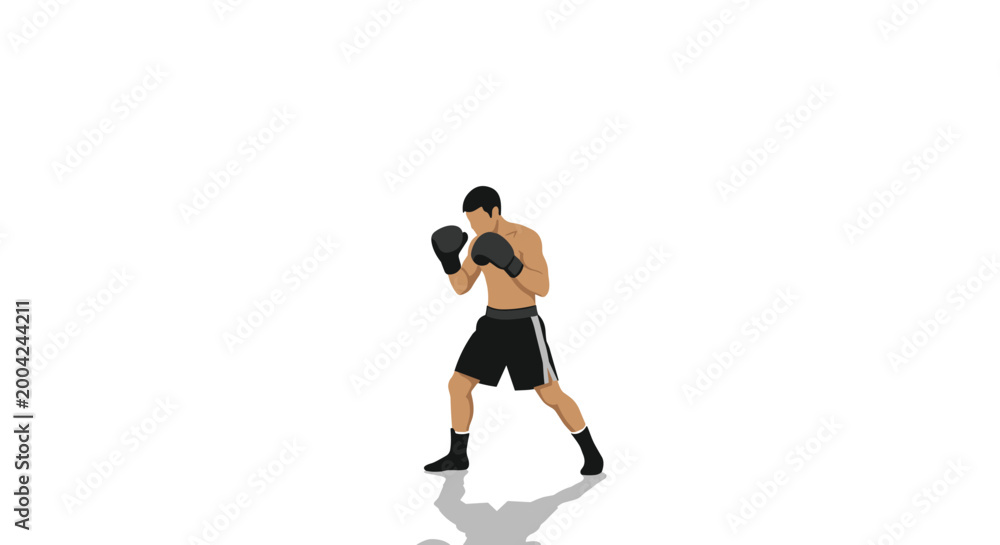 Fototapeta premium A shirtless male boxer wearing black shorts and gloves maintains a focused defensive fighting stance against a stark and clean white background with subtle shadow.
