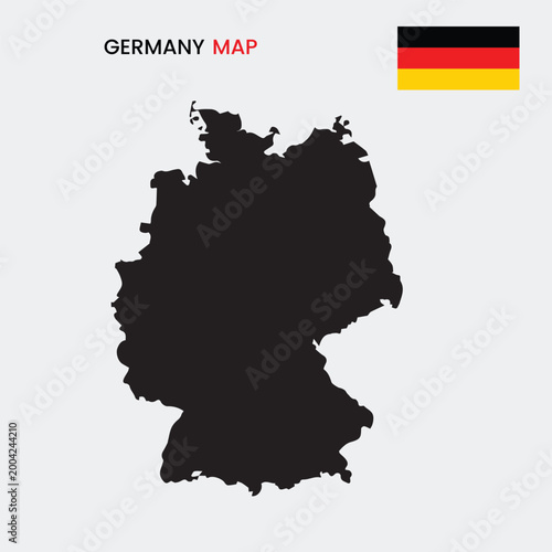 A black silhouette map of Germany with the German flag on a gray background