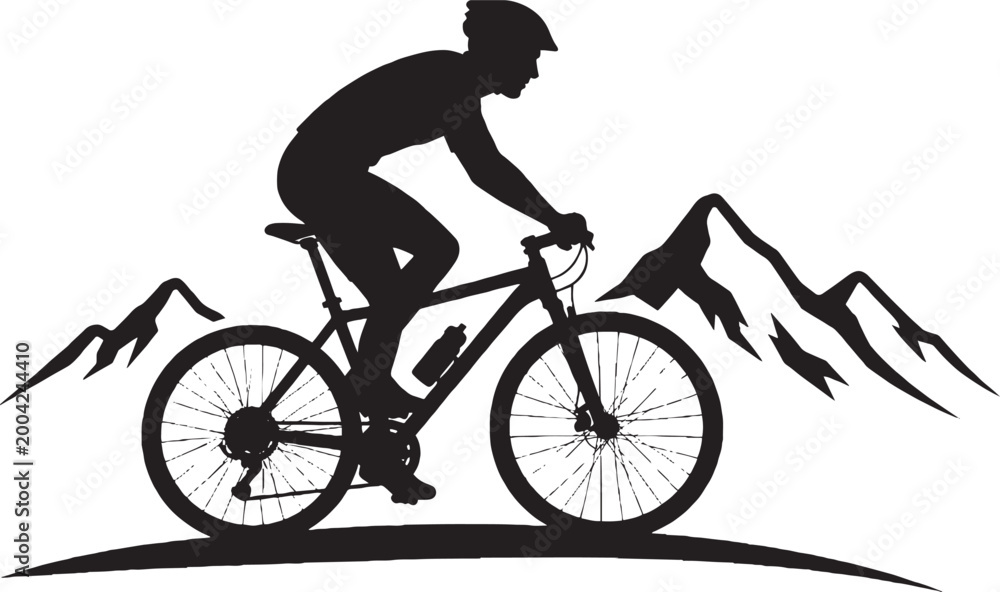 Naklejka premium Mountain Biker Silhouette with Mountain Range Background Vector Illustration