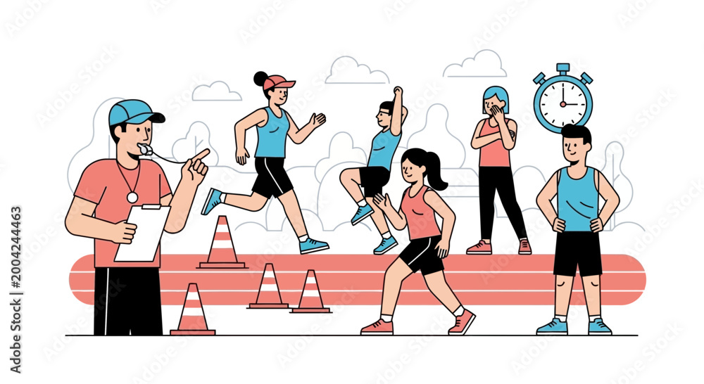 Fototapeta premium Sports Coach Training Young Athletes Running Race on Track with Stopwatch