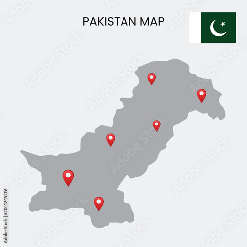 A gray map of Pakistan with red location pins and the Pakistani flag displayed
