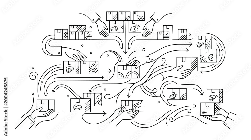 Naklejka premium Abstract Illustration of Hands Sorting and Distributing Boxes with Food Icons Representing Logistics and Supply Chain Management