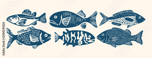 Nautical vector set of mediterranean fish in a hand drawn linocut stamp style with a grunge ink texture