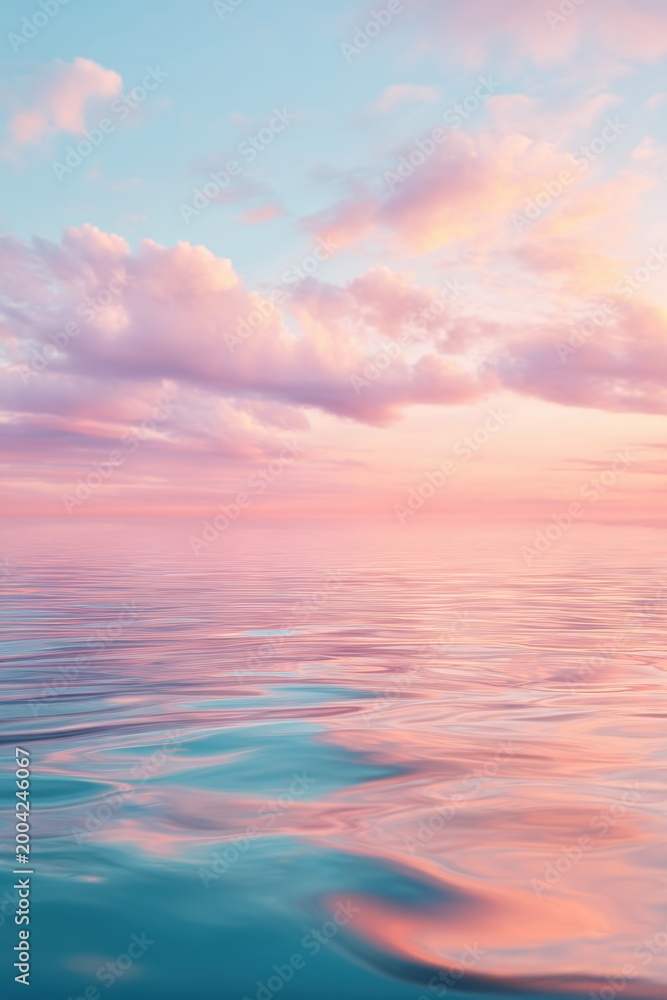 Obraz premium Pastel sunset over calm ocean water. Serene evening sky with soft pink clouds reflecting on the gentle sea surface. Natural background for meditation, relaxation and peace concept.