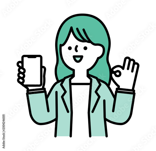 OKジェスチャーをしながらスマホを見せる笑顔の女性のイラスト