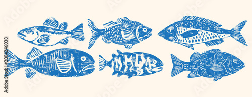 Cuadro en lienzo blue linocut fish illustrations in grunge ink stamp style, nautical Mediterranea