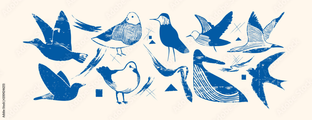 Naklejka premium collection of blue bird silhouettes in a textured linocut style, featuring vintage woodcut illustrations and organic handdrawn shapes for modern graphic design