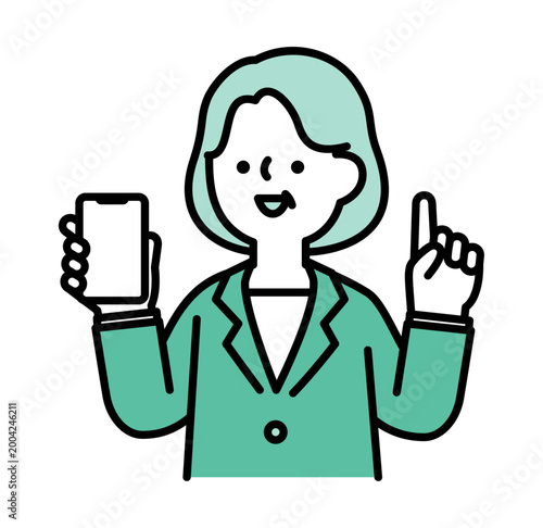 スマホを持つ笑顔のシニア女性のイラスト