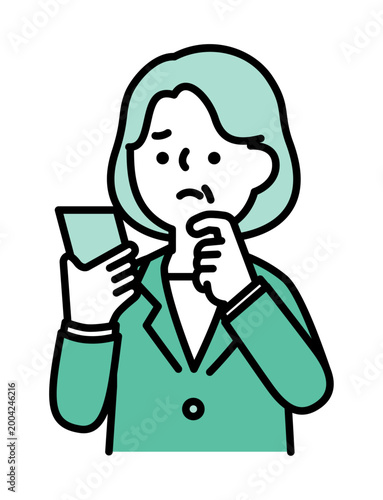 スマートフォンを持っている困り顔のシニア女性のイラスト