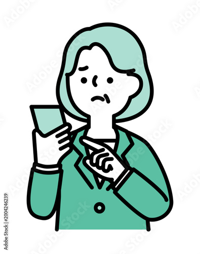 不安な表情でスマートフォンを操作するシニア女性のイラスト
