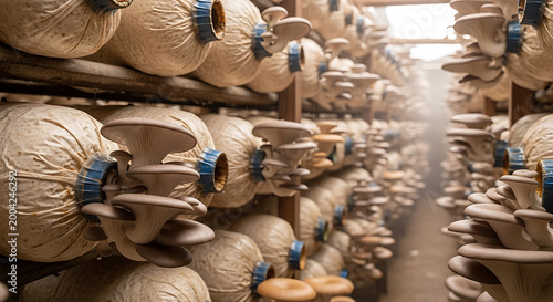 Oyster mushroom farm with rows of fungi growing from substrate bags on shelves in a humid, controlled indoor environment.