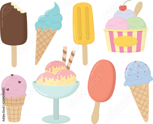 Illustration with assortment of ice cream desserts in various forms and colors. Summer cold desserts isolated on white. 