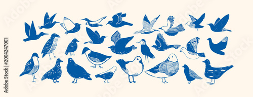 Photos linocut bird collection — diverse hand-printed blue silhouettes of pigeons, spar