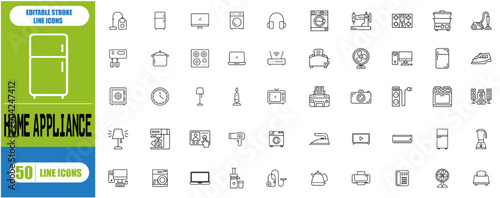 Home Appliance Icons Set – Vacuum Cleaner, Fridge, Television, Computer, Lamp & Pot Outline Collection | Editable Stroke Vector