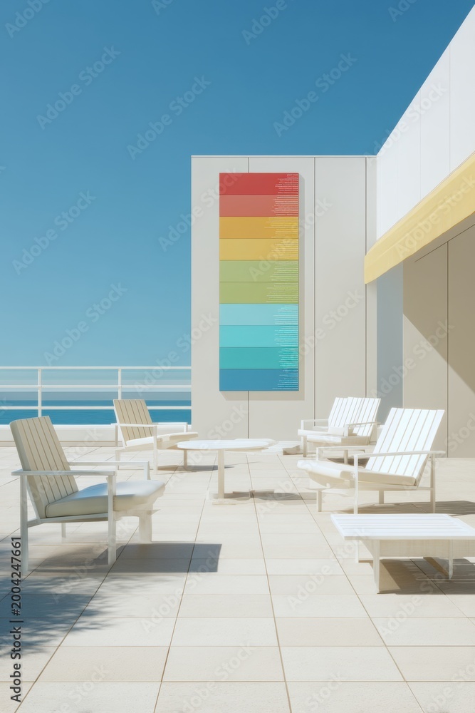 Fototapeta premium Terrace with white furniture and a vertical rainbow banner on the wall overlooking the sea. Modern architecture and outdoor lounge space concept for travel and relaxation at vacation.