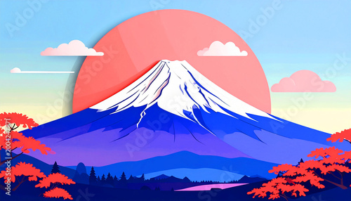 富士山と日の出の浮世絵風、和モダンイラスト