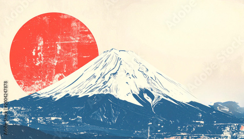 富士山と日の出の浮世絵風、和モダンイラスト