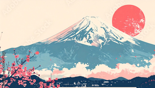 富士山と日の出の浮世絵風、和モダンイラスト