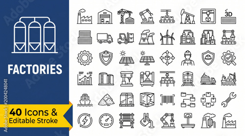 Professional industrial factory and manufacturing line icons set with editable strokes