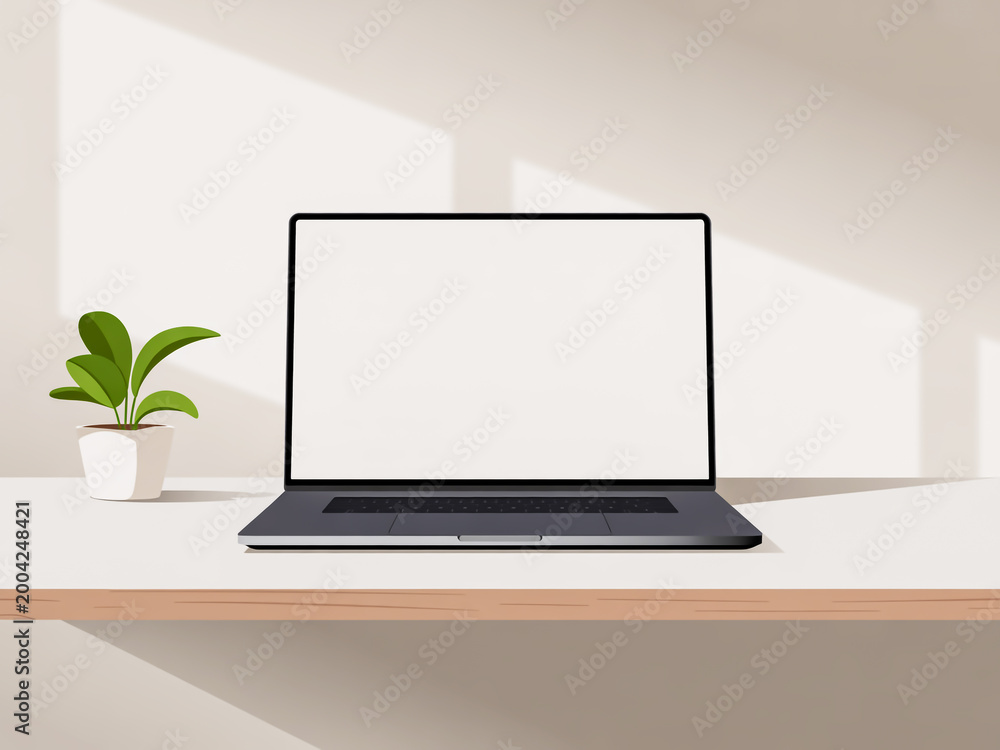 Fototapeta premium A sleek modern laptop sits on a clean desk with a small potted plant beside it in a bright room.