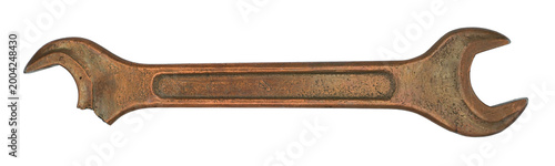 Fotografie Copper-coated damaged hand wrench with broken jaw, mechanical failure, and maintenance issues