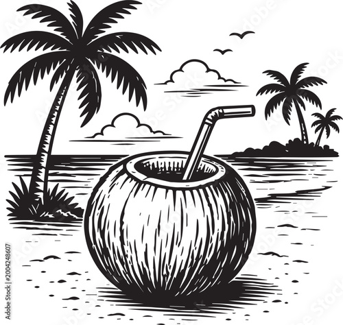 Coconut Drink Vintage Engraving – Tropical Beach Woodcut Illustration