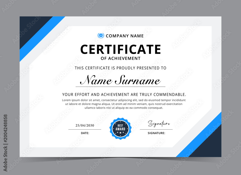 Obraz premium Blue certificate of achievement template with professional clean layout. Diploma award certificate
