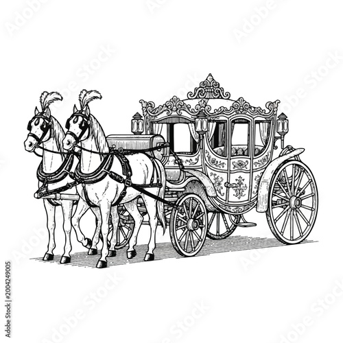 Two Horses Pulling Luxury Carriage.