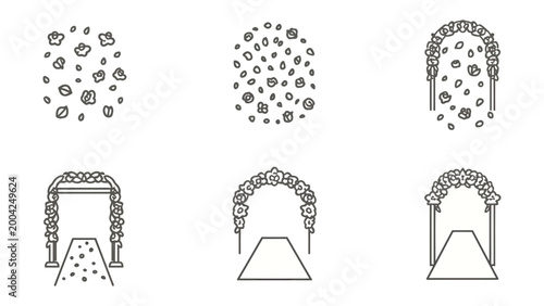 Tableau sur toile Wedding Archway Decor: A set of delicate line art illustrations showcases a wedding archway adorned with flowers, alongside complementary floral arrangements