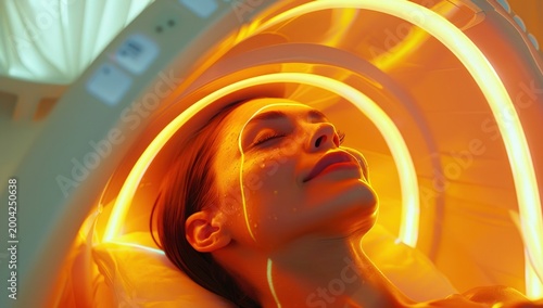 Close-up of a woman receiving glowing orange light therapy in a modern medical device