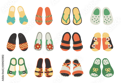 Collection of colorful sandals and slippers in flat cartoon style, cute summer footwear set with various designs isolated on light background, modern playful illustration for fashion, kids, lifestyle