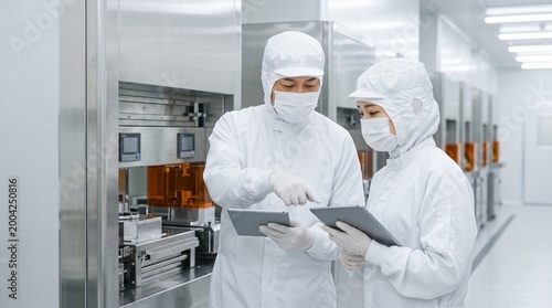 Obraz na płótnie 日本人の製造業エンジニアである30代男女が半導体工場のクリーンルームでDX化された製造装置の点検とタブレット入力をする様子、精密機器が並ぶ工場背景と防塵服姿