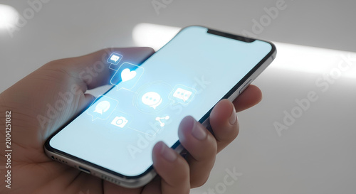 Hand Holding Smartphone with Floating Digital Application Service Icons