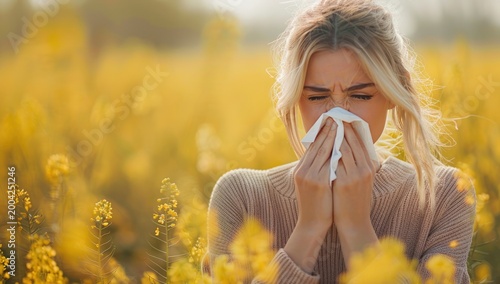 Blond woman sneezes into a tissue in a vibrant yellow flower field, suffering allergies