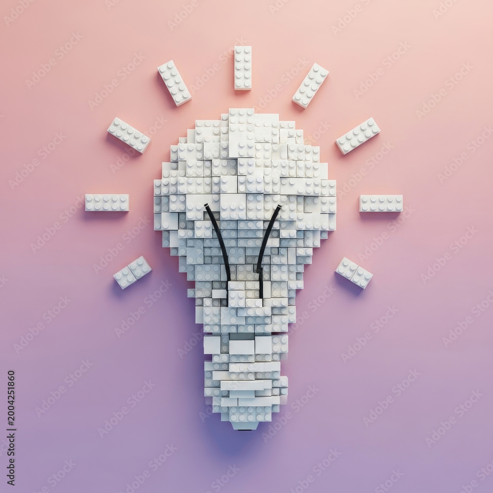 Fototapeta premium A creative lightbulb made of white Lego bricks on a pink background