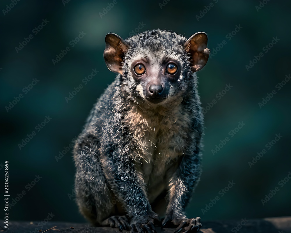 Fototapeta premium Close up of a curious aye-aye primate with large amber eyes