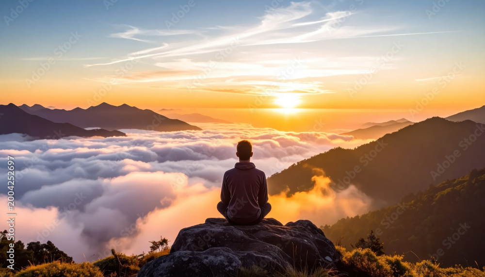 Obraz premium Mountain sunrise, cloud sea, meditating person, silhouette, rock, horizon, sky
