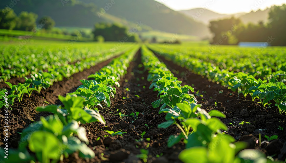 Obraz premium Young plant rows in green farm field under warm sunrise light