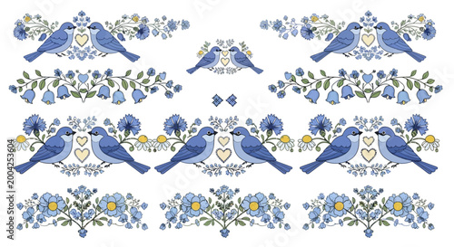 Slavic Folk Bluebird Vector Lace Set - Intricate Eastern European Heart & Flower Borders