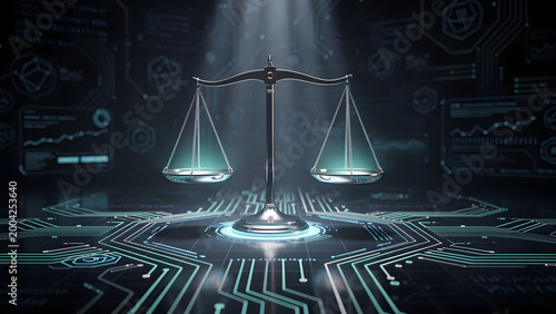 Digital balancing scale justice, fairness in modern technology environment. Holographic scales balance on illuminated datum background of ai circuitry. Innovation concept in abstract futuristic