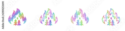 Rainbow color sketch wildfire icon design set