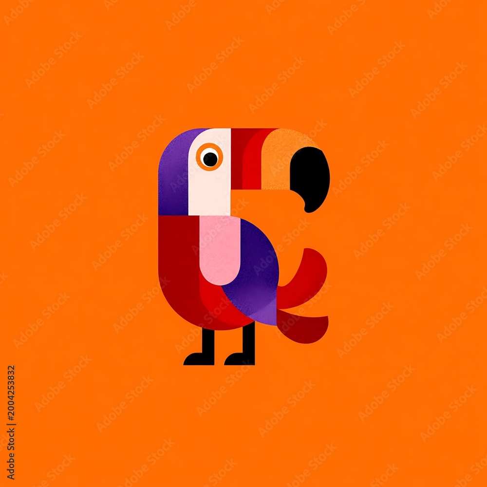 Fototapeta premium Flat of a cute toucan bird with geometric shapes and bright orange background