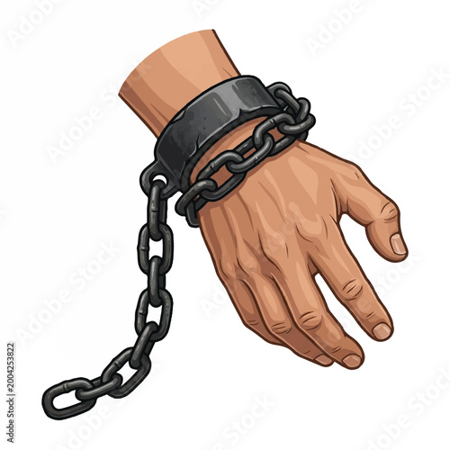 Illustration of a chained hand with a leather cuff and metal chain accessory.