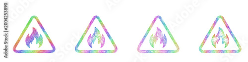Multicolored sketch warning flame icon design set